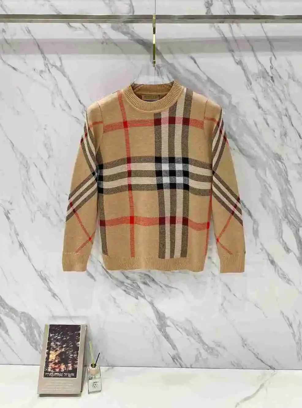 Burberry Beige Vintage Check Crew Neck Knit Sweater